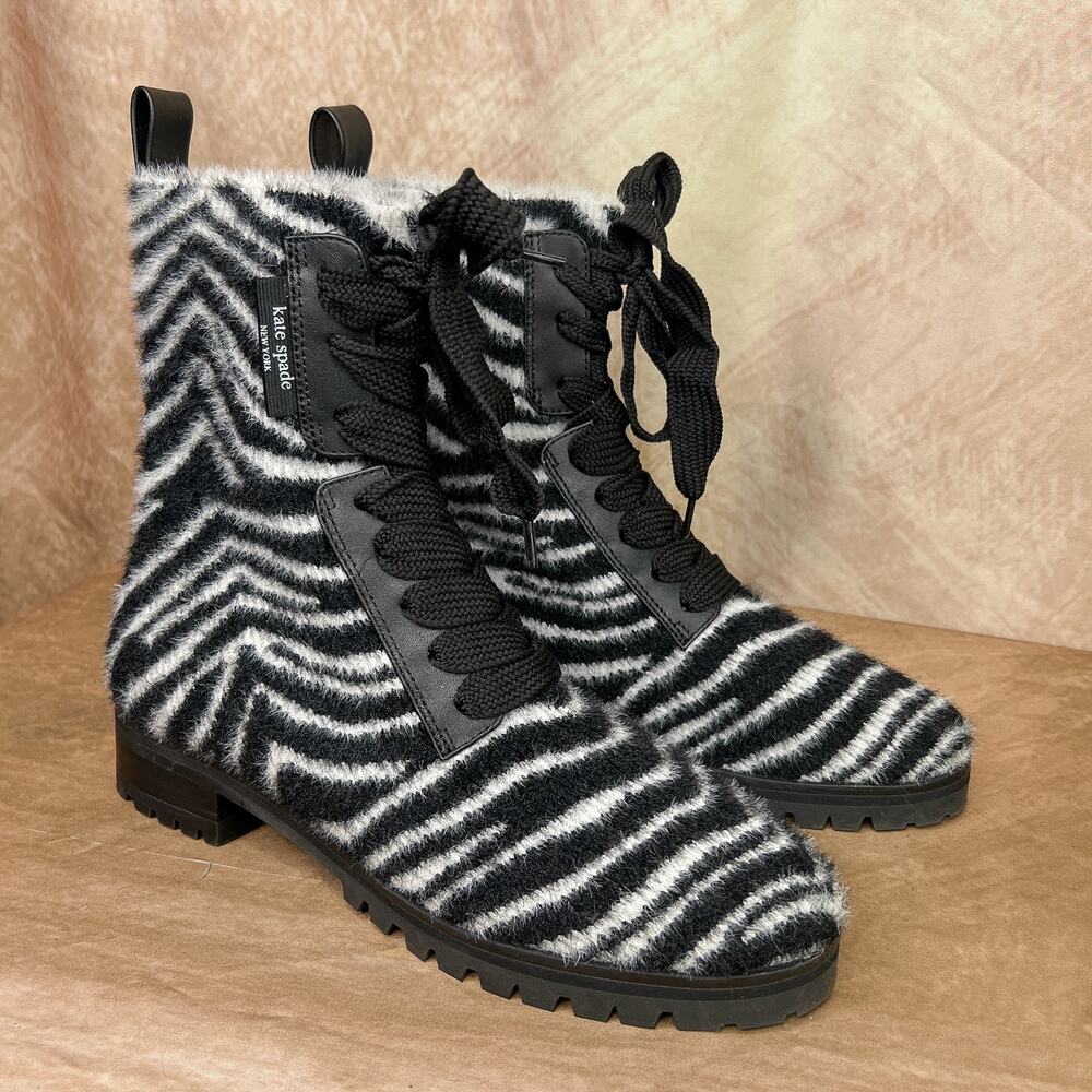Kate Spade Zebra Print Combat Boots Merigue Fuzzy Mohair Leather Lace Up Animal